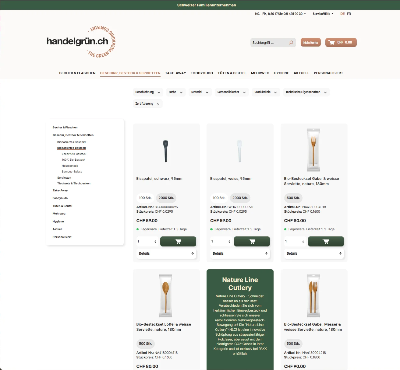 Kategorie und Produktfilter auf handelgruen.ch