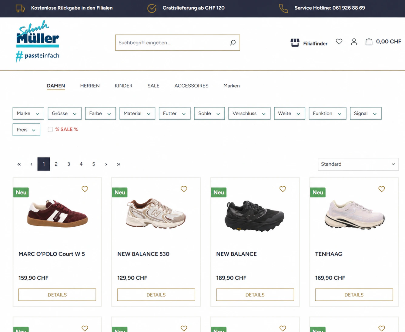 Kategorieseite und Filter im Webshop Müller Schuh