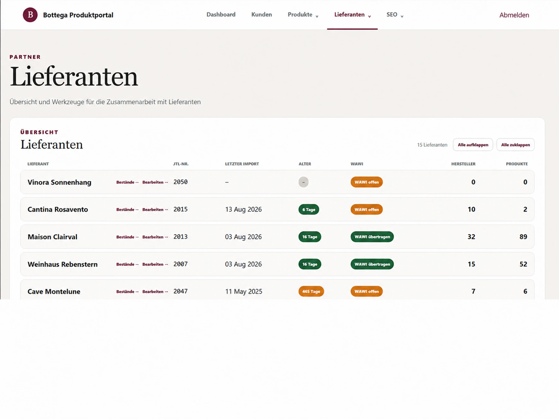 Startseite von Bottega Portal